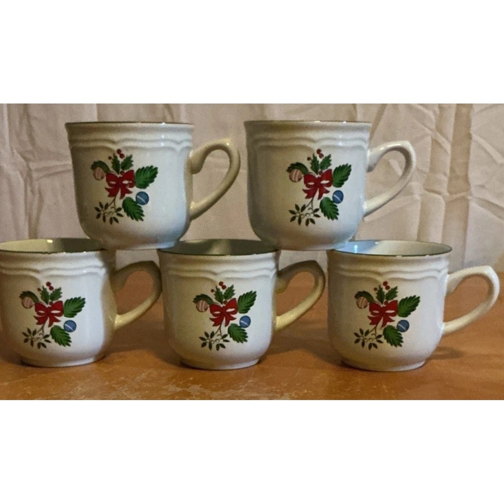 Vintage "Noel" Holiday Stoneware Coffee Mugs Holly And Red Bow, Set Of 5